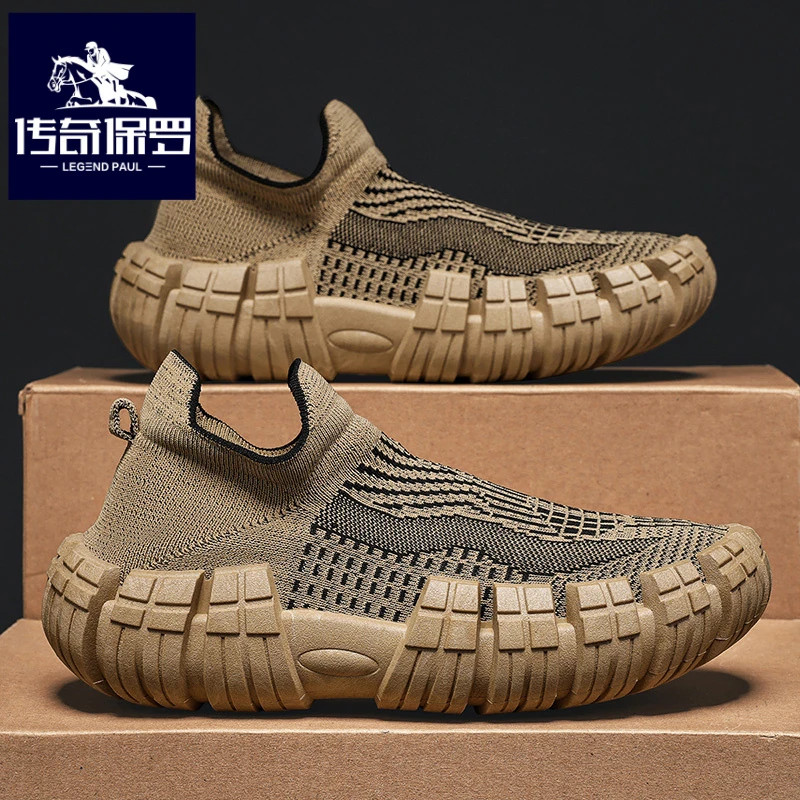传奇保罗正版男鞋冬季网面飞织袜子跑步鞋男士软底休闲旅游运动鞋