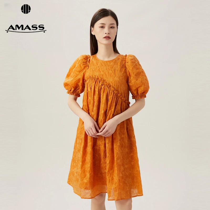 阿玛施AMASS新款女装百搭气质法式宫廷风圆领泡泡袖连衣裙5500388