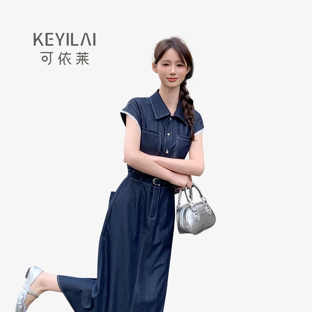 夏季净色无袖单排扣连衣裙冰氧牛仔新中式