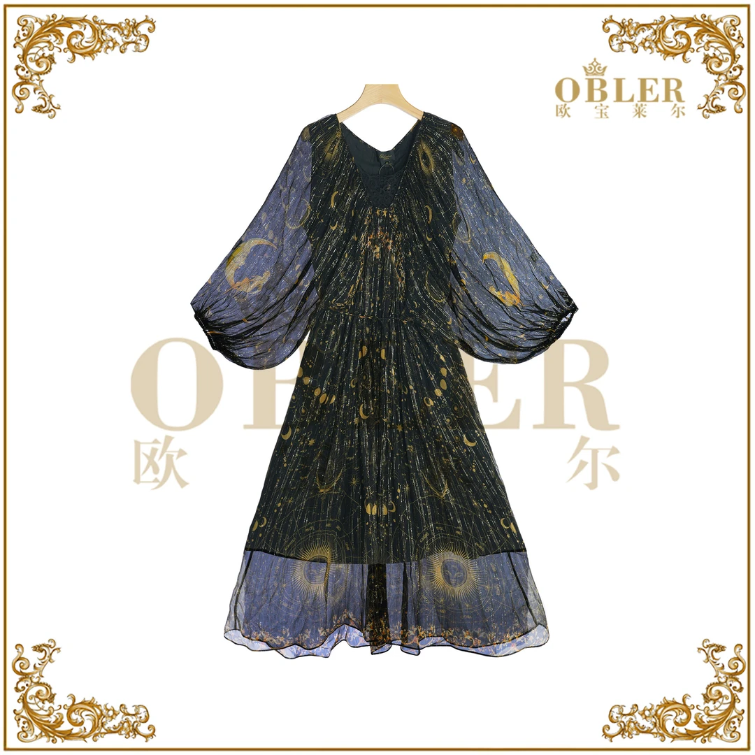 【星月神话】欧宝莱尔春夏新款定位印花灯笼袖连衣裙305-25371