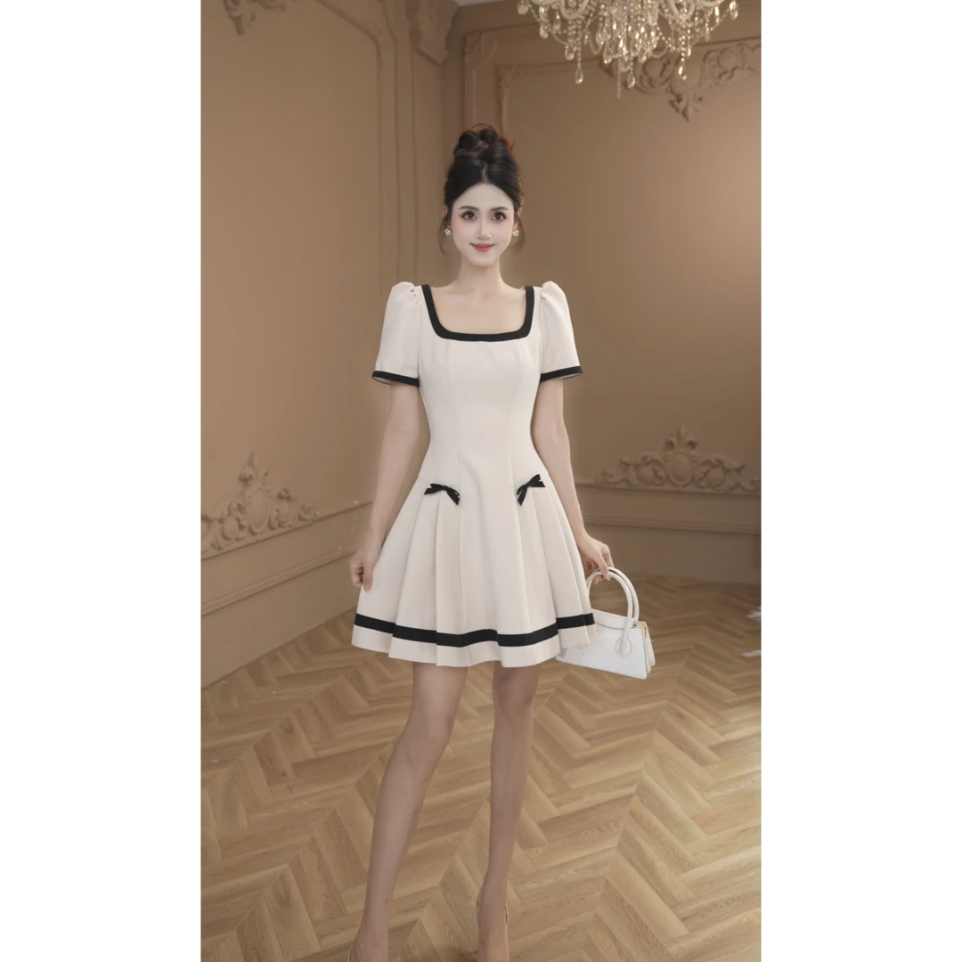 【柒老板定制】法式气质撞色蝴蝶结高级感收腰显瘦甜美连衣裙11556