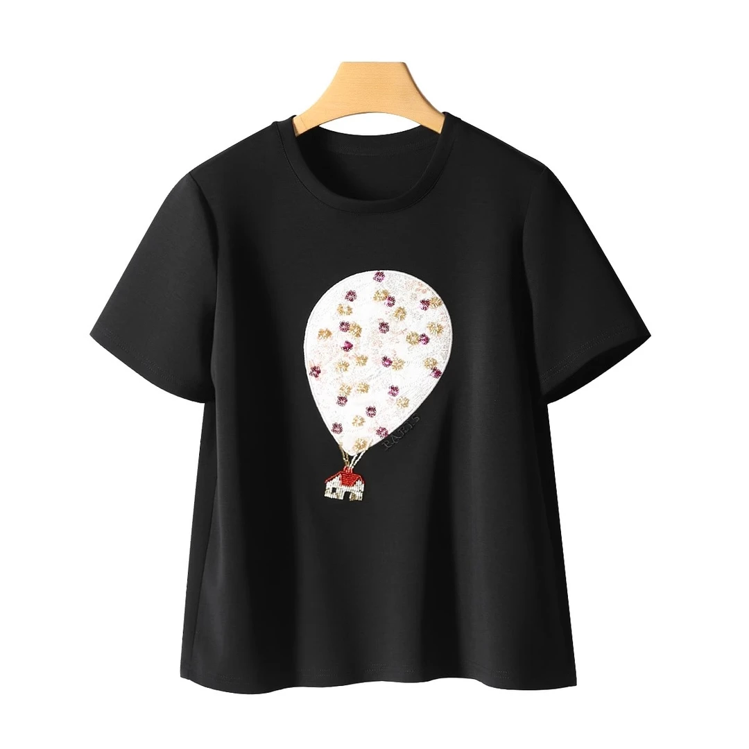 【九天】剪标创意童趣圆领亮片刺绣直筒T恤上衣女513品牌折扣25夏