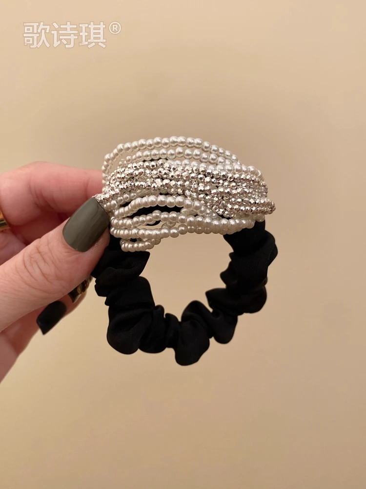 高品质黑色发圈气质优雅串珠头绳韩系高级感丸子头马尾皮筋头饰