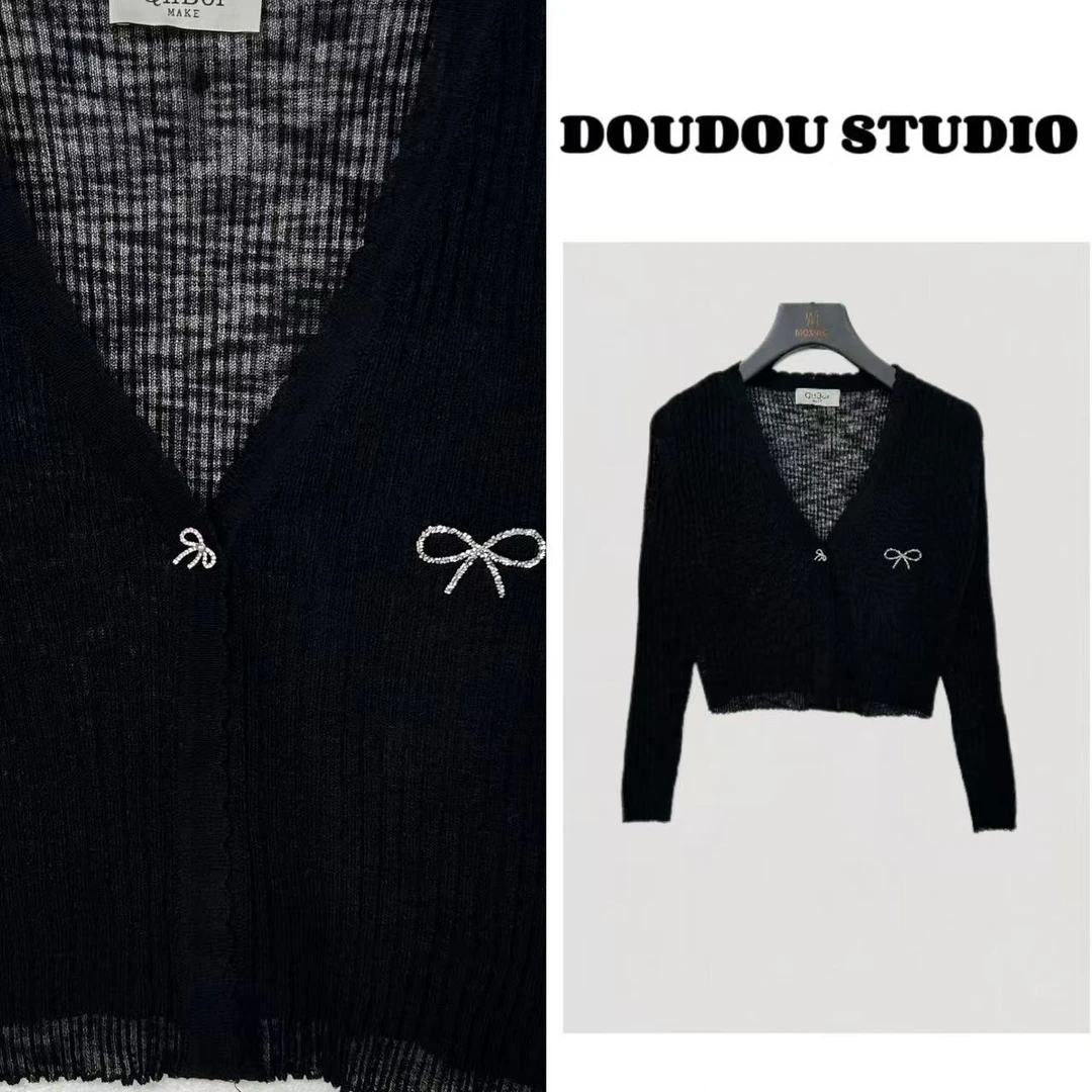 【兜兜】蝴蝶结 夏季新款修身短款长袖防晒针织小开衫 井238A