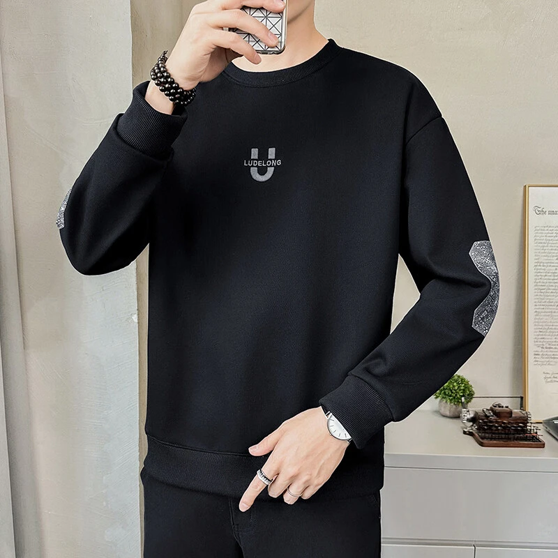 刺绣圆领时尚卫衣男民族风简约帅气长袖T恤上衣春季新款内搭打底