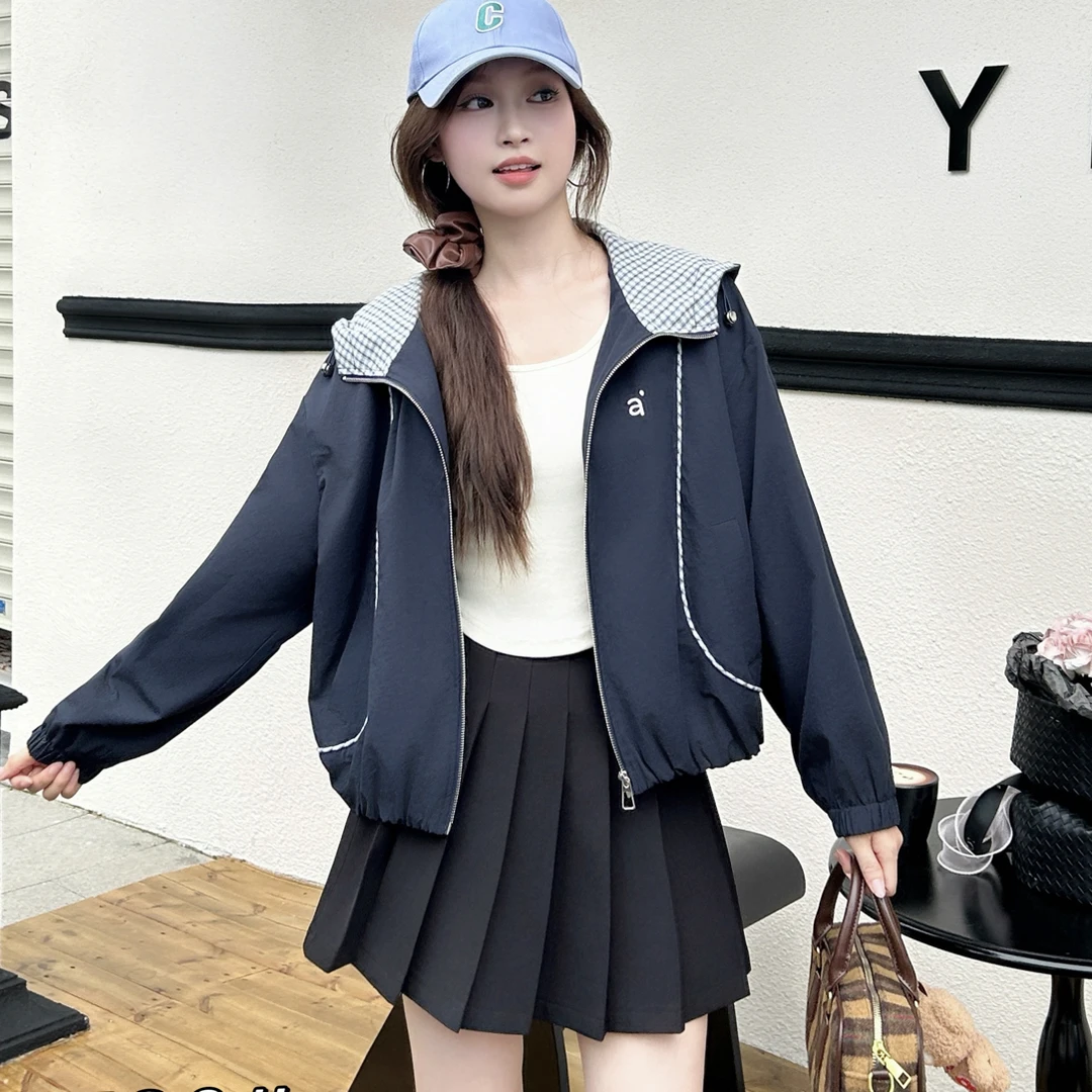 3530#休闲连帽棒球服外套女短款2025秋季新款宽松长袖冲锋外套