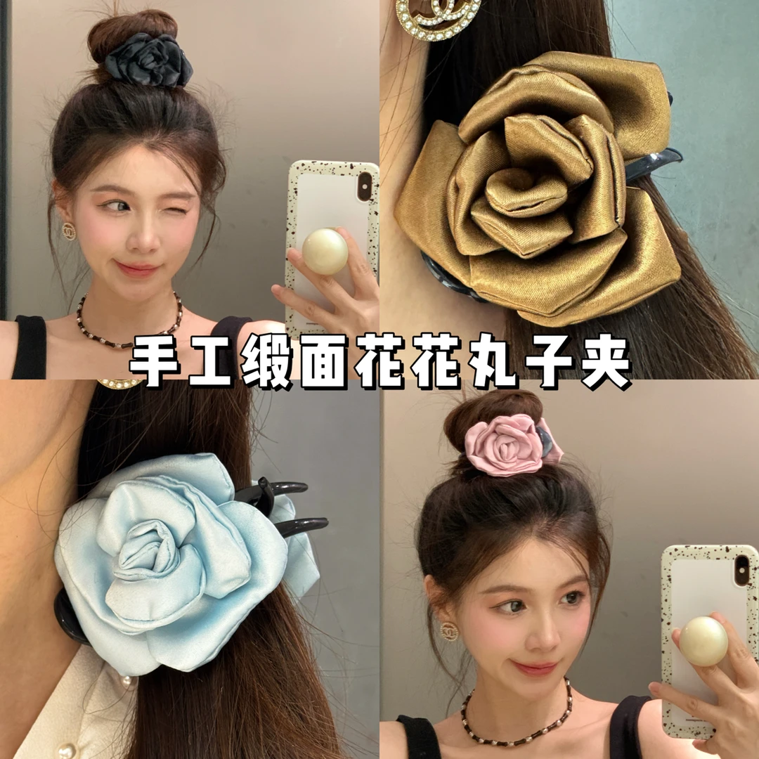 原创设计款缎面纯手工花花山茶花丸子夹韩系ins风优雅气质