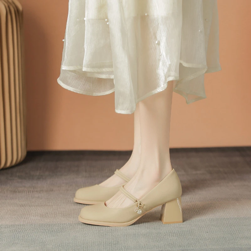 2025年春夏百搭仙女鞋圆头高跟鞋粗跟浅口单鞋温柔晚晚风玛丽珍鞋