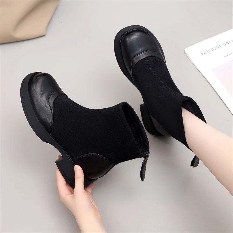 高级感时尚拼接马丁靴女2025秋冬新款韩系弹力瘦瘦靴复古加绒短靴