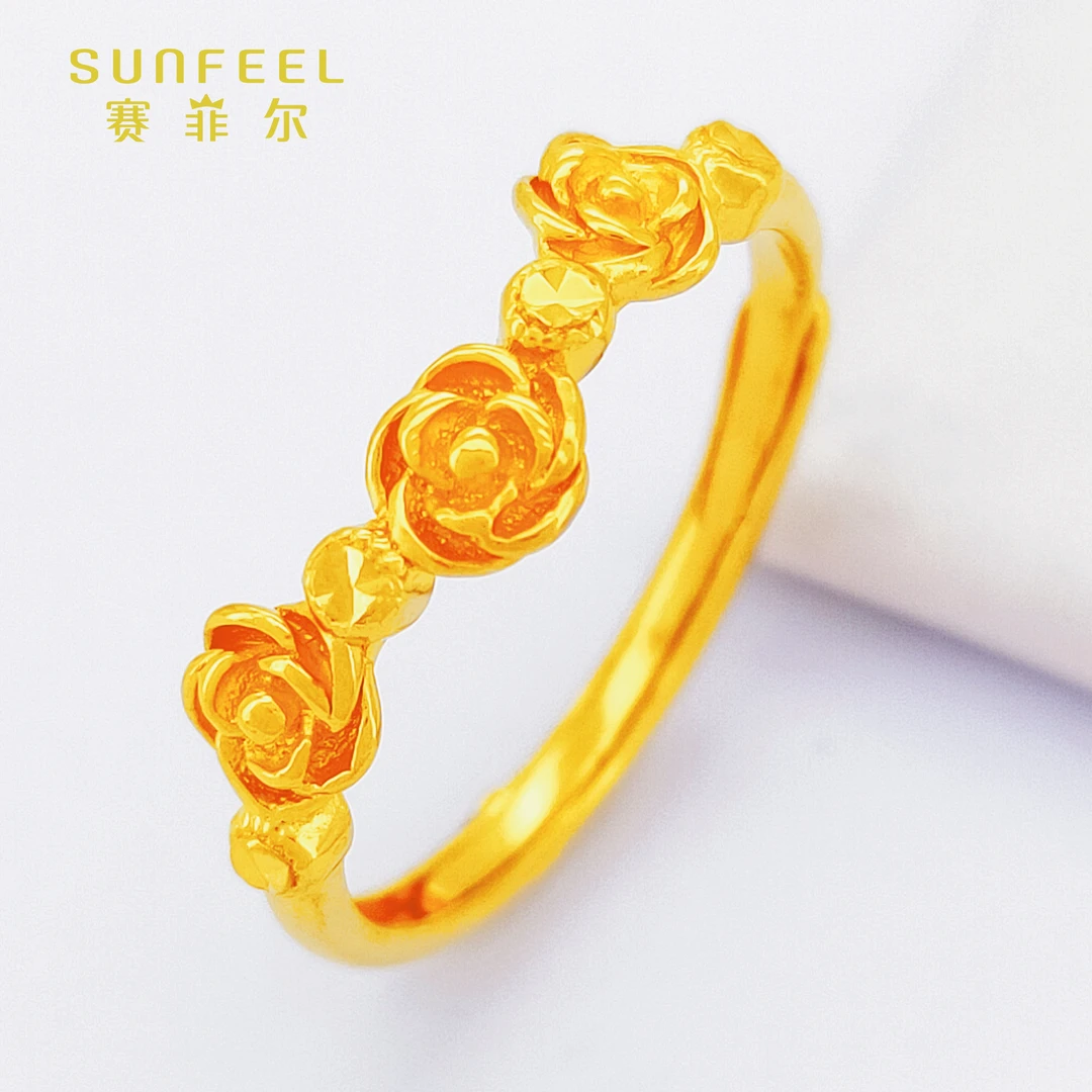 SUNFEEL/赛菲尔足金999玫瑰花开口戒指女新款正品生日礼物送女友