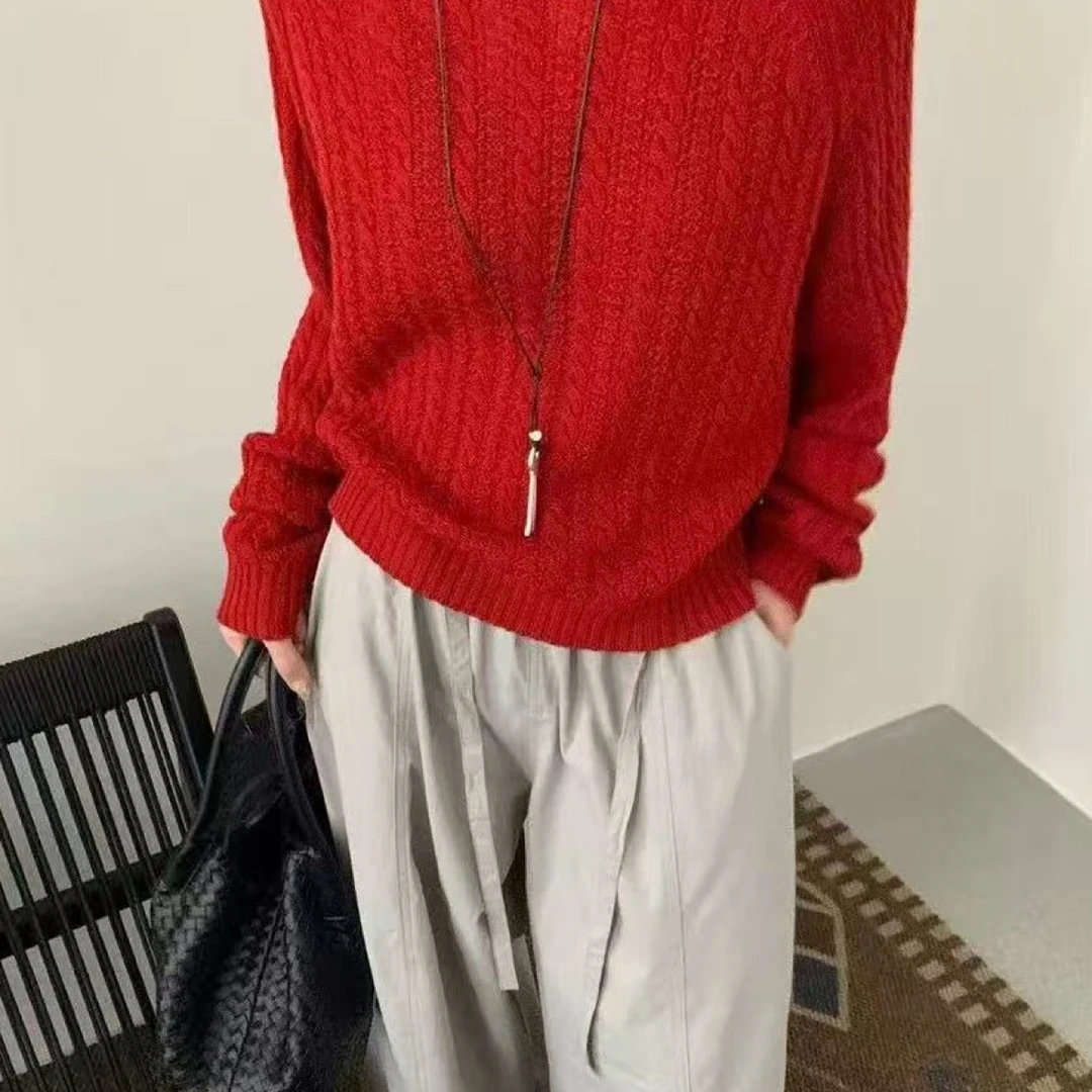 毛衣圆领红色中长款半高领女纯色常规款长袖ins保暖