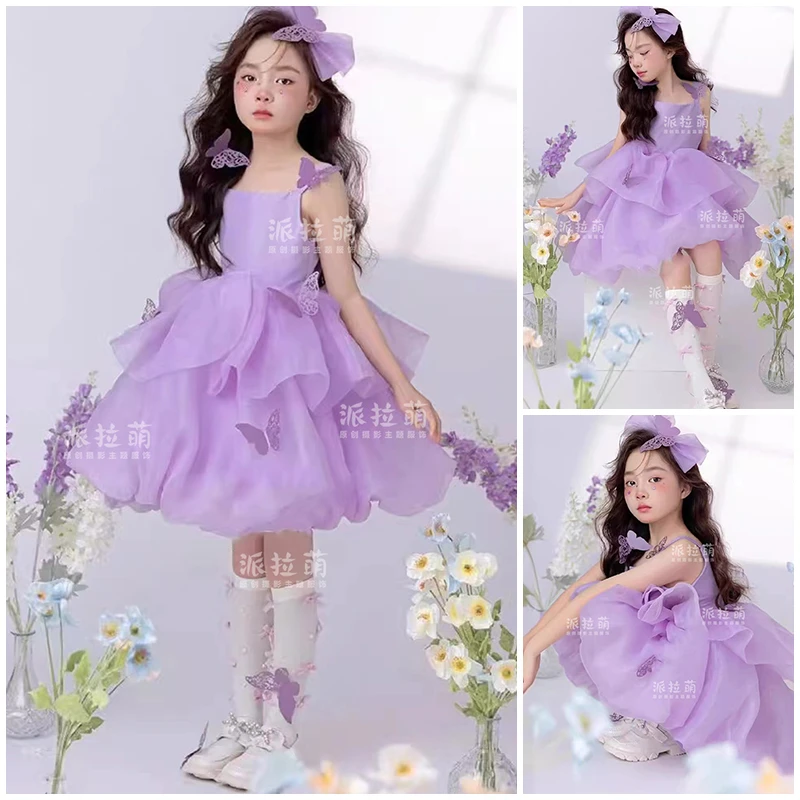 儿童摄影服装紫色裙子女童拍照衣服纱裙头饰影楼写真艺术照