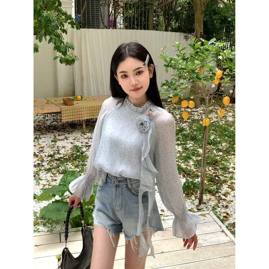 法式甜美减龄波点长袖衬衫女2025优雅露肩设计感飘带小衫防晒潮