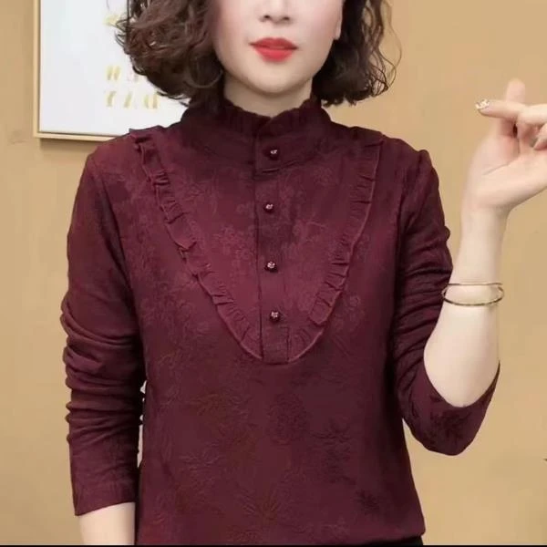 打底衫女中年妈妈2025秋冬新款一体绒保暖时尚长袖木耳边百搭上衣