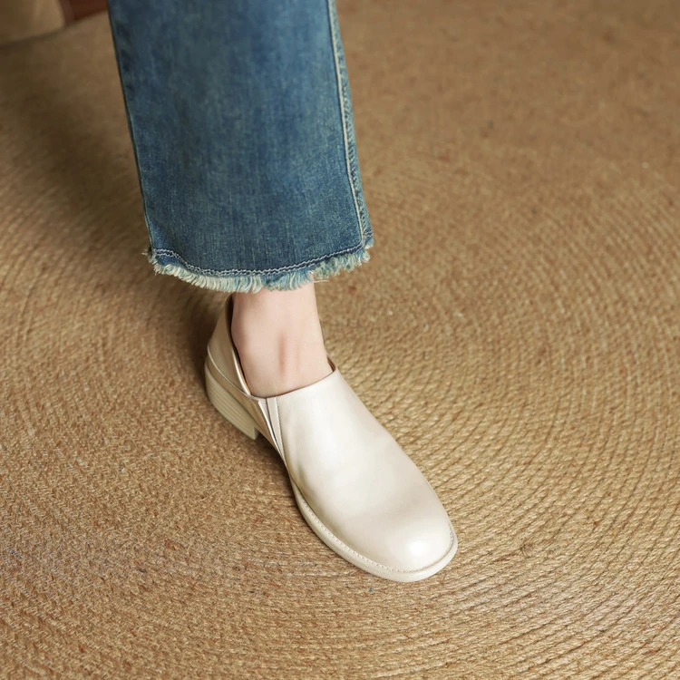 全牛皮圆头勃肯鞋女2025春季新款粗跟深口女鞋两穿百搭半托单鞋女