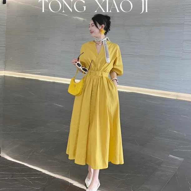 【松弛半夏 2】亚麻气质长裙极简优雅淡黄色连衣裙