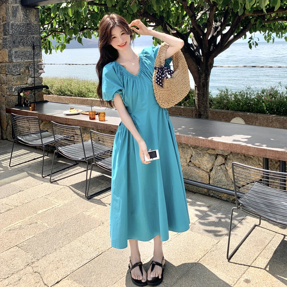 五一出游法式气质连衣裙女2025夏季新款多巴胺甜美可爱泡泡袖长裙