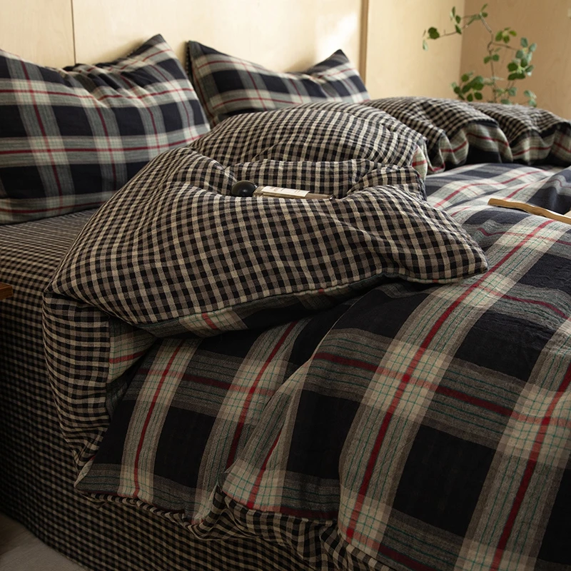 复古高级感ins简约格纹床上用品四件套被套床单学生宿舍三件套1.5