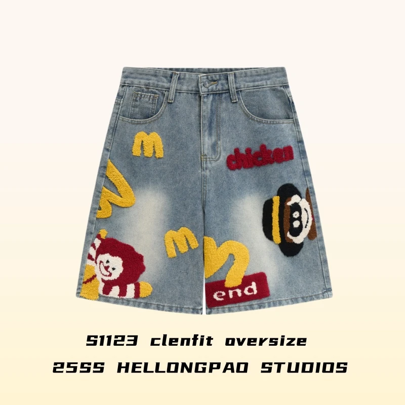 美式复古「麦当当卡通毛巾绣」牛仔短裤男女情侣宽松bf夏季五分裤子