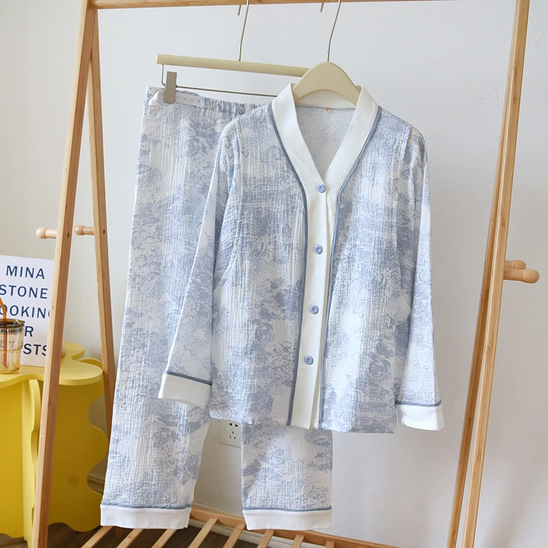 婴儿棉纱孕妇哺乳睡衣产前后纯棉月子服套装透气家居服青花瓷