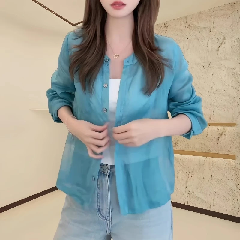 夏季新款蓝色开衫高级感衬衣减龄宽松小众上衣新中式长袖衬衫女士