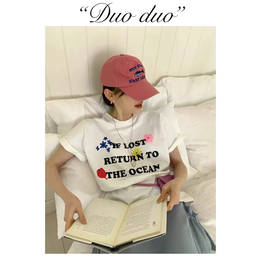 花花字母 - 韩国单休闲百搭ins女短袖T恤圆领套头宽松显瘦印花