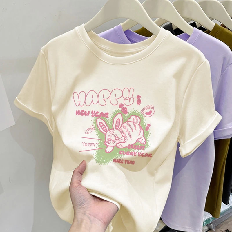 2025新款杏色夏季纯棉短袖T恤女士ins潮时尚宽松体恤显瘦半袖上衣