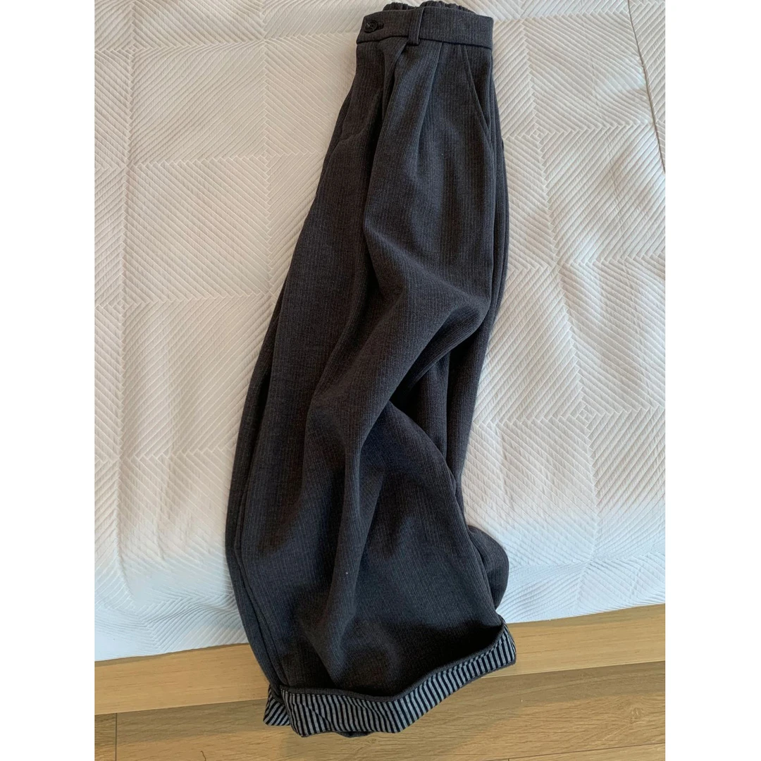 INS CEC设计感条纹卷边阔腿休闲裤女秋冬新款高腰显瘦直筒长裤子