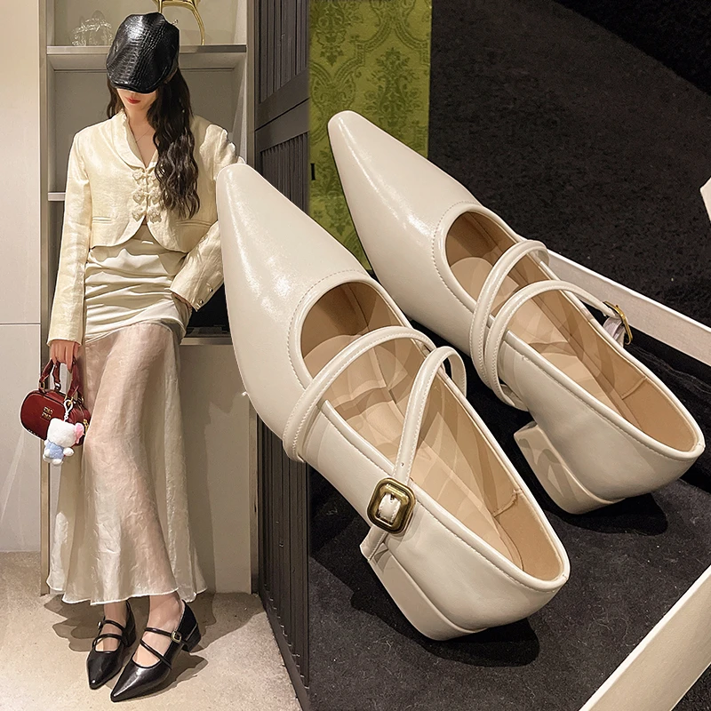 法式尖头浅口单鞋女2025春夏新款女鞋时尚百搭粗跟玛丽珍鞋小皮鞋