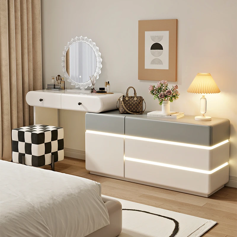 带灯梳妆台卧室现代简约小户斗柜实木化妆台极简奶油风化妆桌轻奢