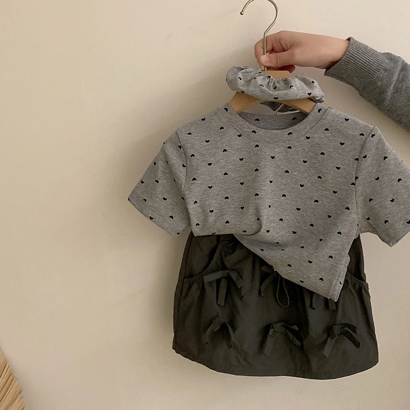 Z-TQ007韩版夏季新款波点发圈短袖工装立体蝴蝶结半身裙两件套