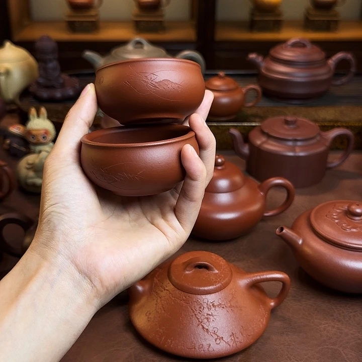 紫砂茶壶普洱杯，朱泥