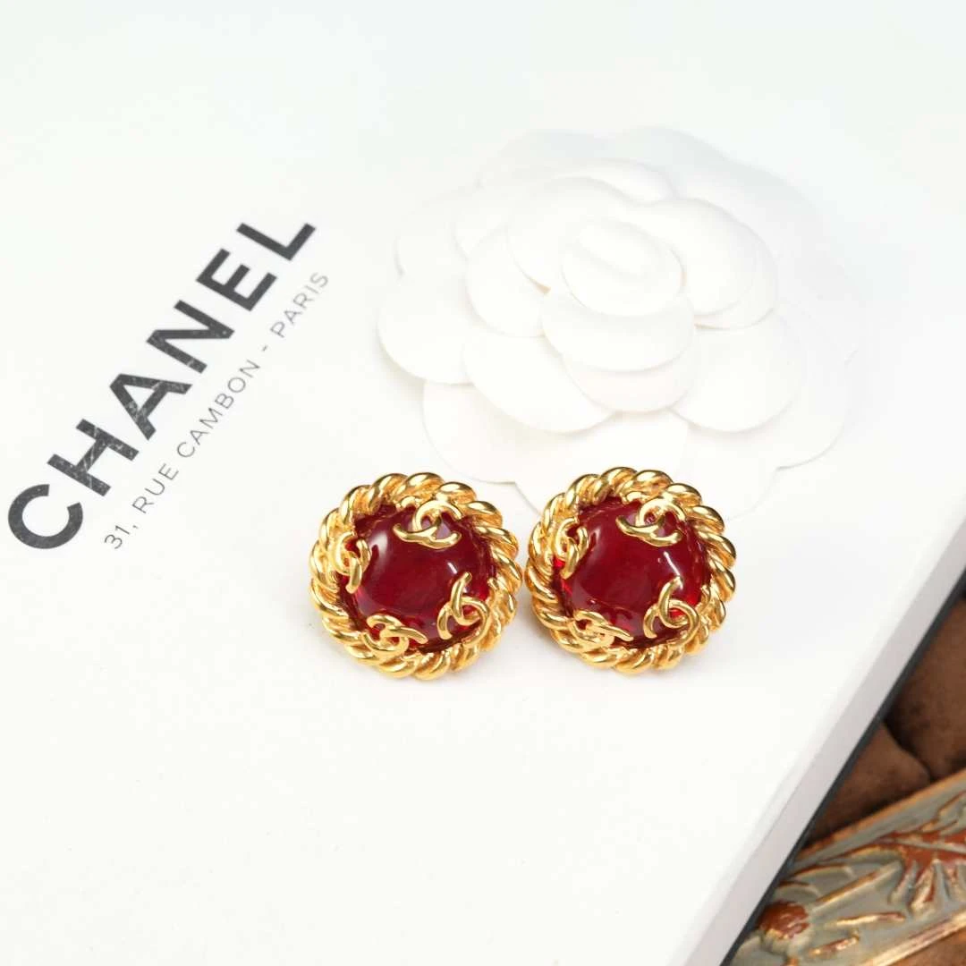 95新 Chanel/香奈儿 柚礼中古/香奈儿红琉璃圆耳夹lq509001