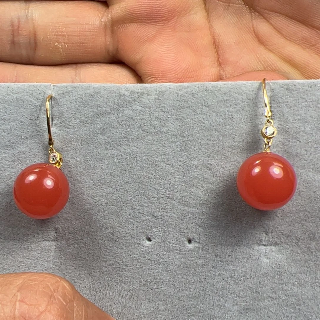 南红玛瑙耳坠18K金镶嵌秋**瑟