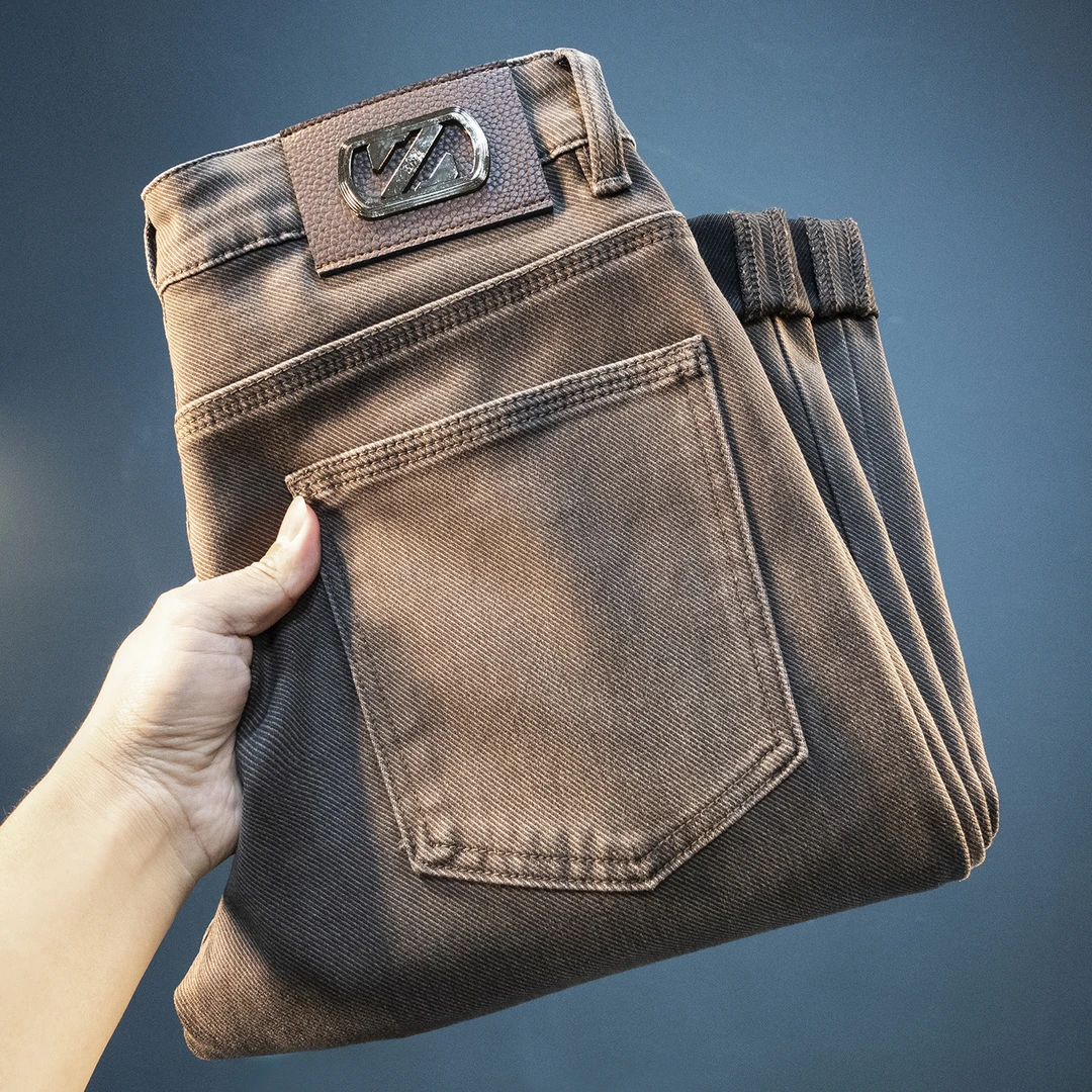 利尼科比利休闲牛仔裤男潮流百搭秋冬季小直脚长裤厚款合体修身裤