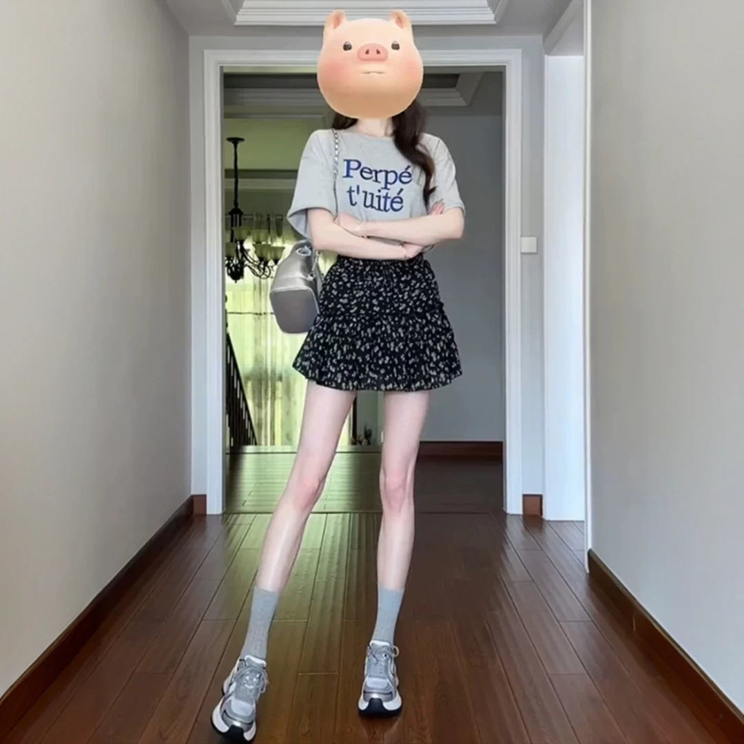 韩系套装氛围感印花T恤短袖蛋糕裙高腰显瘦小个子碎花两件套春夏