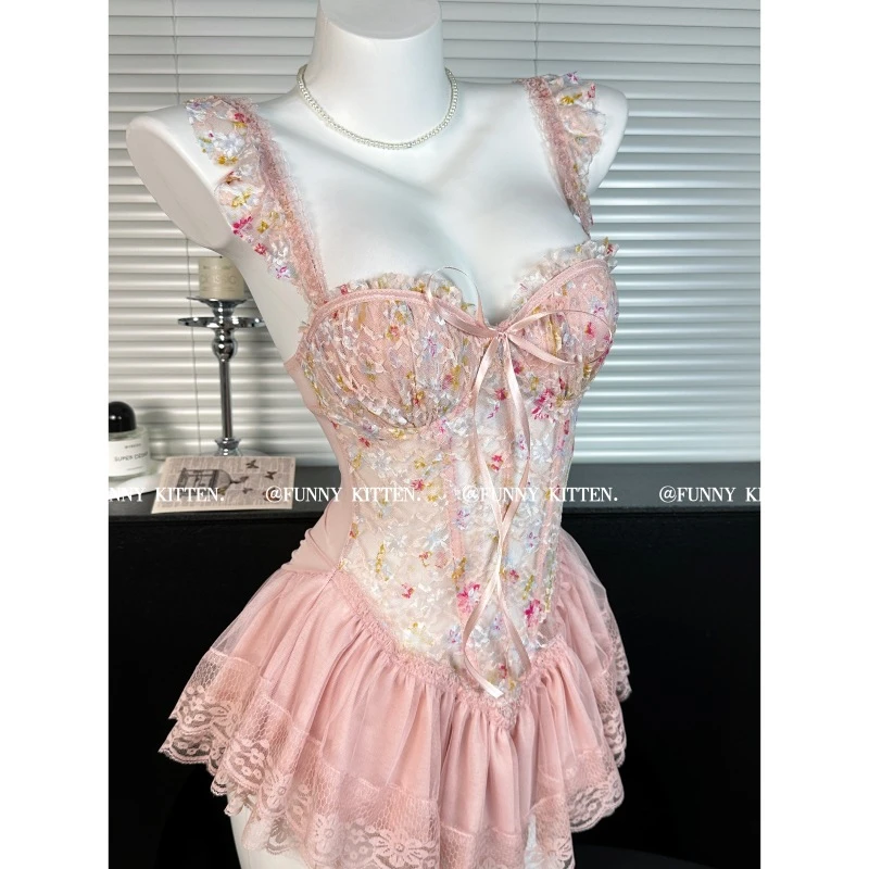 西诗 春雾颂 纯蕾丝碎花吊带睡裙女带胸垫聚拢显瘦睡衣半边绒棉是