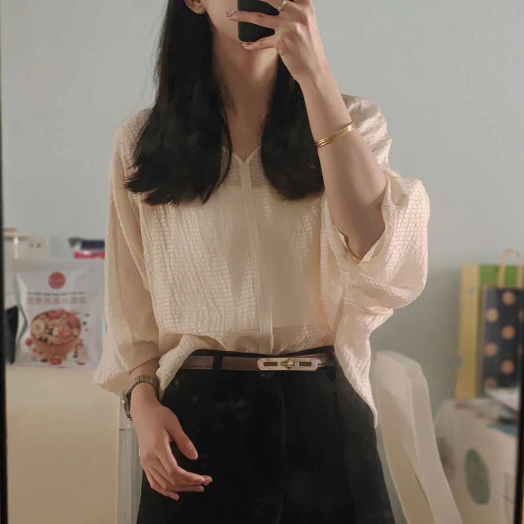 【燕子在南油】衣长65夏季百搭真丝压皱灯笼袖简约大气宽松衬衫3798