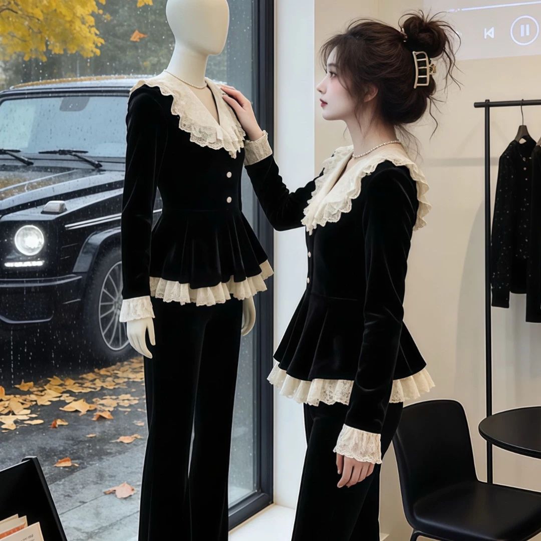 大码胖MM法式蕾丝花边黑色衬衫上衣女秋冬新款爆款洋气巨好看衬衣
