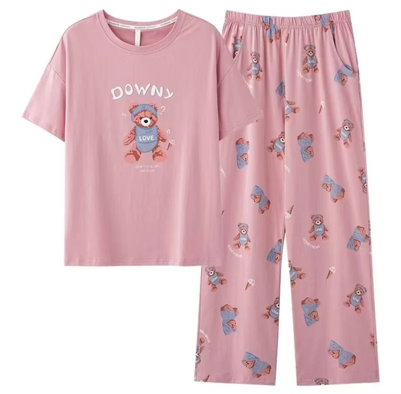 夏季女士爽棉睡衣舒适宽松休闲时尚薄款简约可爱卡通印花套头圆领