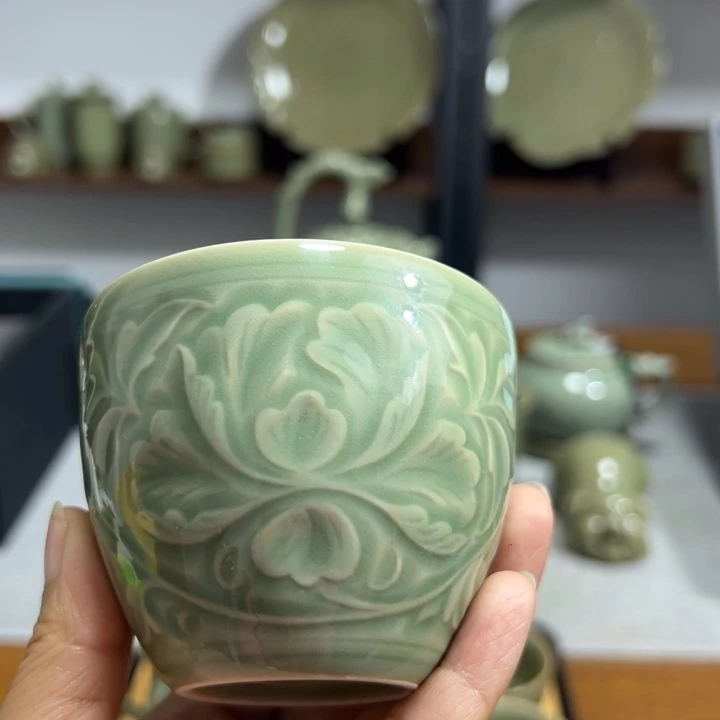 耀州窑青釉小缸杯4只