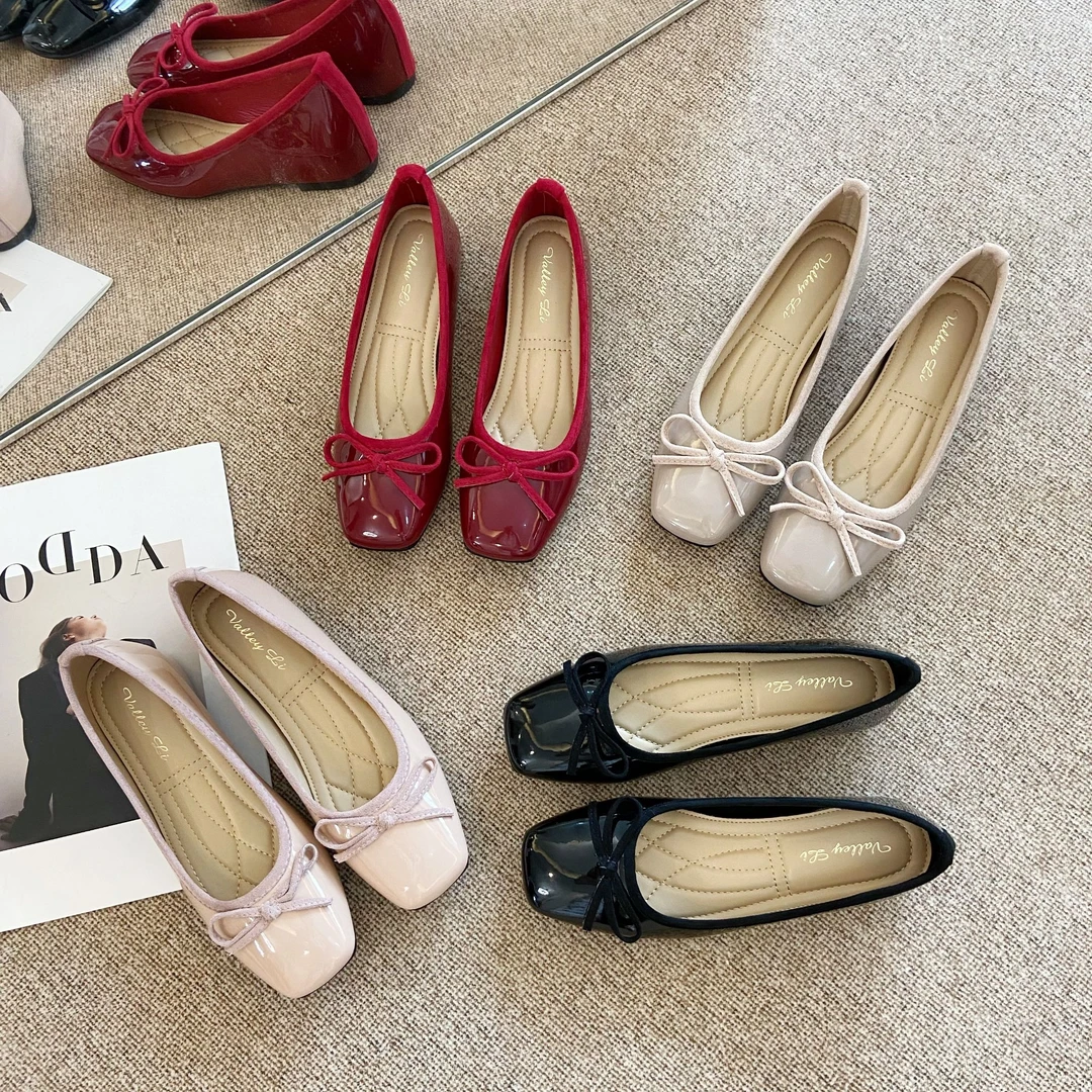 方头浅口甜美蝴蝶结单鞋女一脚蹬内增高4cm新中式亮面软面平跟鞋