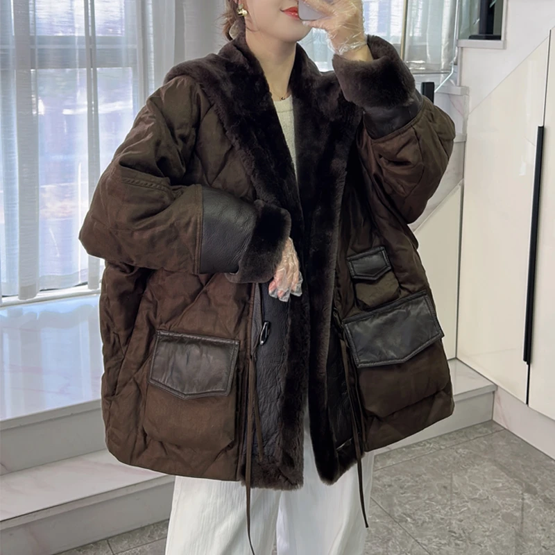 欧洲站2025新羽绒服外套女中长款羊皮毛一体大毛领皮草鹅绒服派克