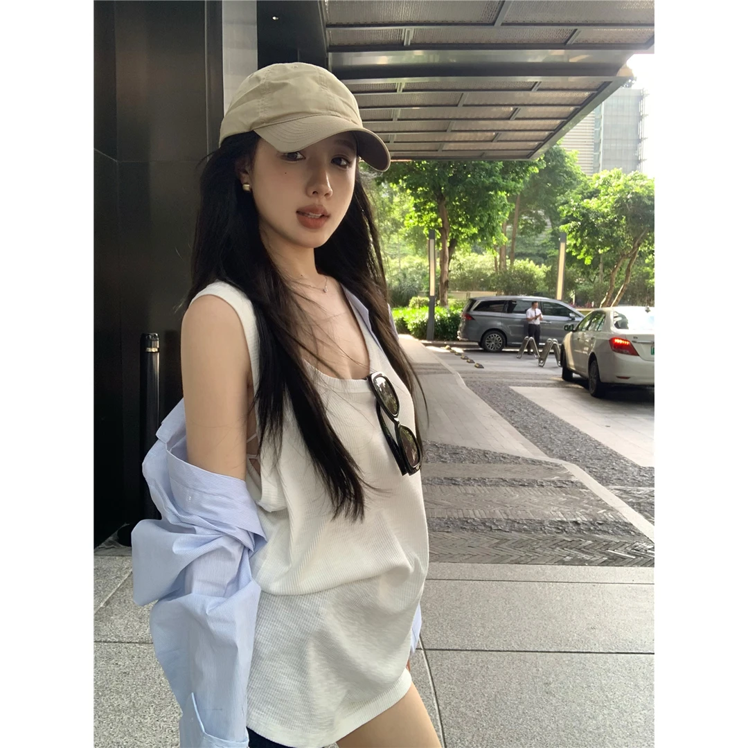 2024夏季新款宽松百搭吊带背心女韩版u领慵懒风中长款休闲上衣