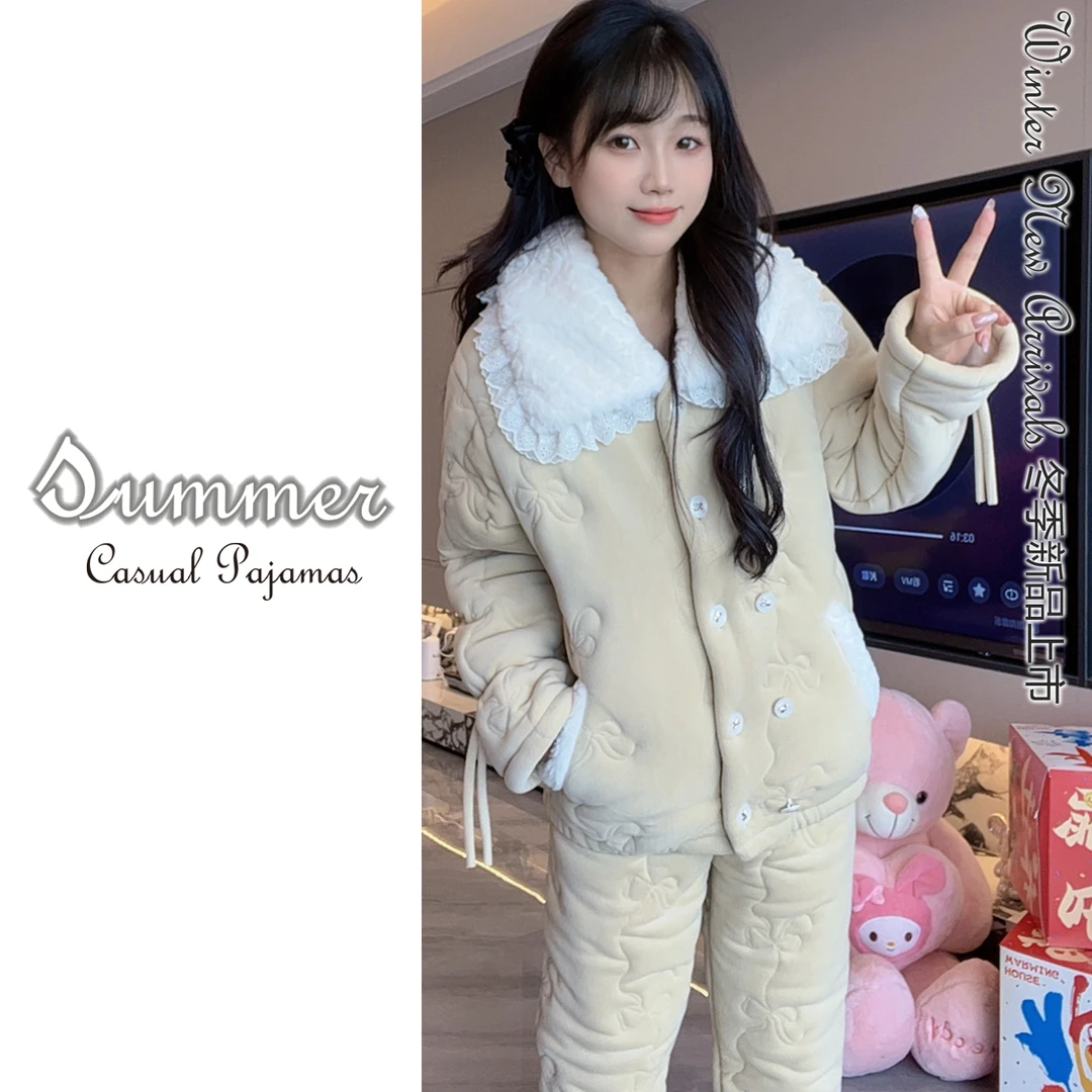 【H8777咖色女冬季新款夹棉睡衣】三层加厚加绒夹棉睡衣套装可外穿