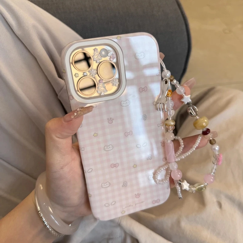 粉白格子小猫咪适用iPhone16promax手机壳苹果15pro少女14/13