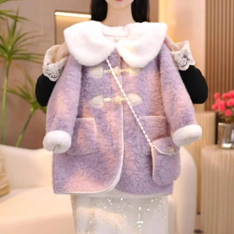 女童冬装外套2025新款设计款洋气紫色冬季加绒加厚毛绒大衣外套潮