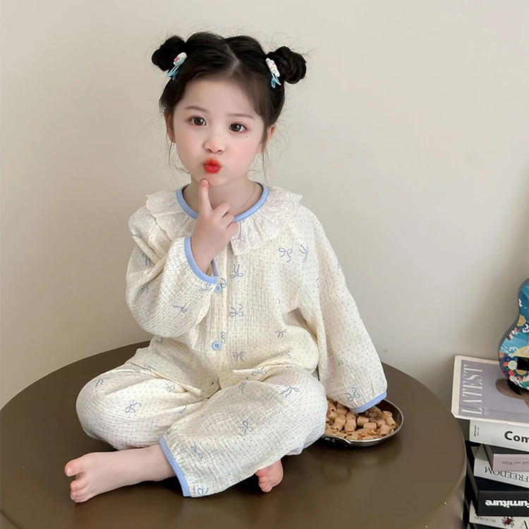 女童睡衣春秋款棉纱长袖小女孩宝宝公主风全棉洋气套装儿童家居服