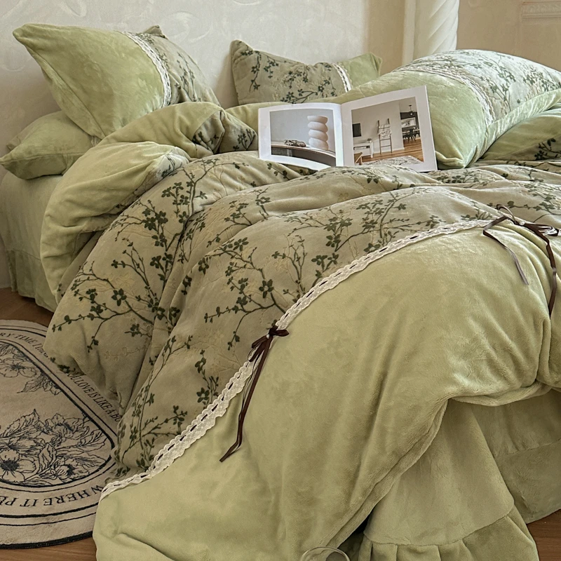 高级感雕花绒牛奶绒四件套轻奢公主风花边被套蝴蝶结拼接款四件套