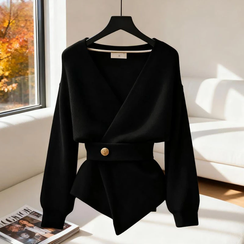 甜美温柔风韩系超好看黑色毛衣慵懒高级感2025秋季新款女针织上衣